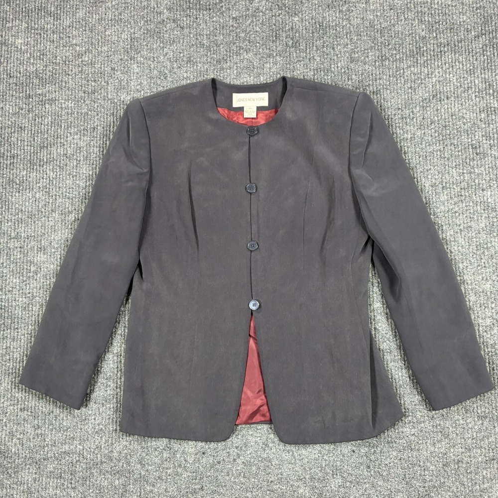 Vintage Jones New York Womens 12 Black Collarless Blazer Jacket Red Lining